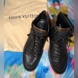 Louis Vuitton Black Leather High-Top Sneakers with Monogram Canvas